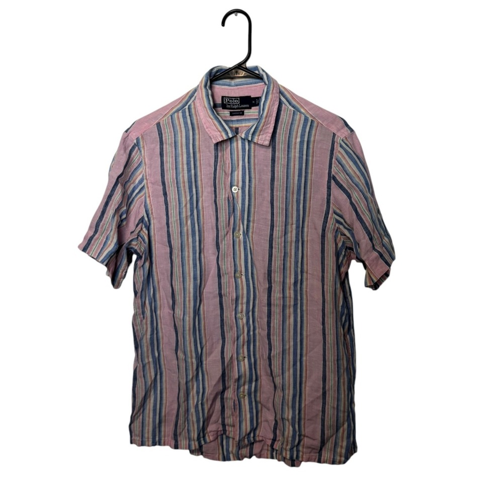 Polo Ralph Lauren Linen Camp Shirt Mens Medium Pink Blue Striped Classic Fit